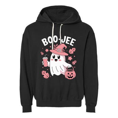 Cute Boo Jee Ghost Halloween Leopard Ghost Coffee Girl Garment-Dyed Fleece Hoodie