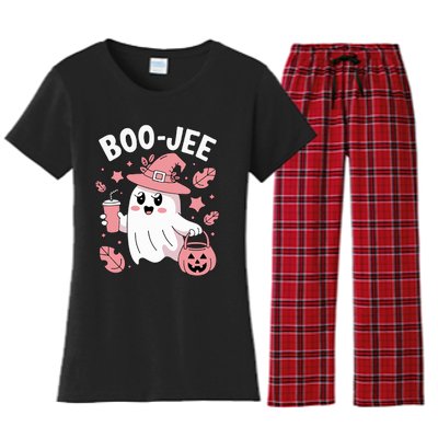 Cute Boo Jee Ghost Halloween Leopard Ghost Coffee Girl Women's Flannel Pajama Set