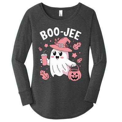 Cute Boo Jee Ghost Halloween Leopard Ghost Coffee Girl Women's Perfect Tri Tunic Long Sleeve Shirt