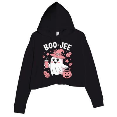 Cute Boo Jee Ghost Halloween Leopard Ghost Coffee Girl Crop Fleece Hoodie