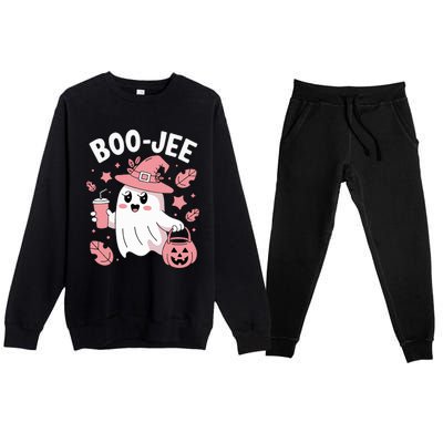 Cute Boo Jee Ghost Halloween Leopard Ghost Coffee Girl Premium Crewneck Sweatsuit Set