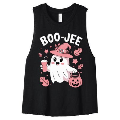 Cute Boo Jee Ghost Halloween Leopard Ghost Coffee Girl Women's Racerback Cropped Tank