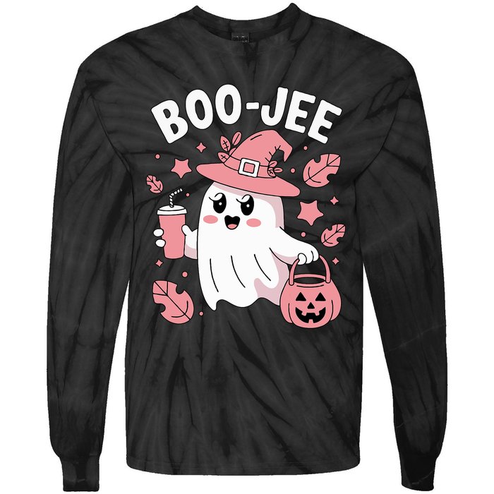 Cute Boo Jee Ghost Halloween Leopard Ghost Coffee Girl Tie-Dye Long Sleeve Shirt