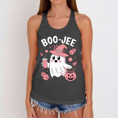 Cute Boo Jee Ghost Halloween Leopard Ghost Coffee Girl Women's Knotted Racerback Tank