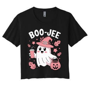 Cute Boo Jee Ghost Halloween Leopard Ghost Coffee Girl Women's Crop Top Tee