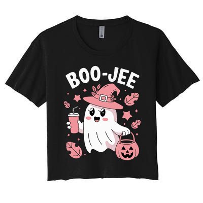 Cute Boo Jee Ghost Halloween Leopard Ghost Coffee Girl Women's Crop Top Tee