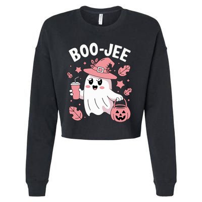 Cute Boo Jee Ghost Halloween Leopard Ghost Coffee Girl Cropped Pullover Crew