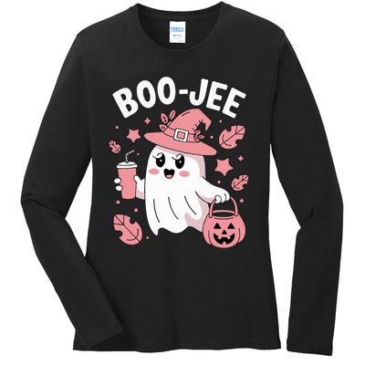 Cute Boo Jee Ghost Halloween Leopard Ghost Coffee Girl Ladies Long Sleeve Shirt