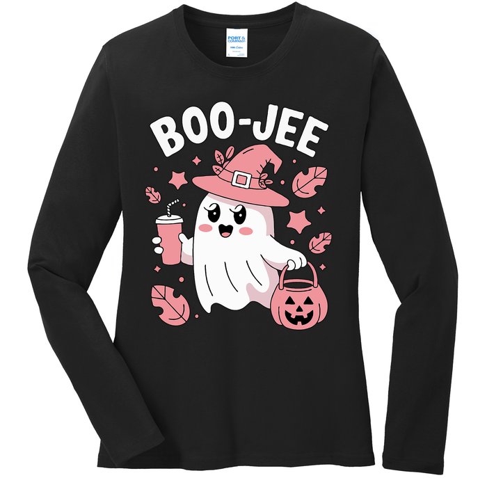 Cute Boo Jee Ghost Halloween Leopard Ghost Coffee Girl Ladies Long Sleeve Shirt