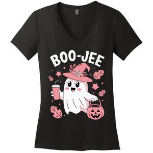 Cute Boo Jee Ghost Halloween Leopard Ghost Coffee Girl Women's V-Neck T-Shirt