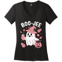 Cute Boo Jee Ghost Halloween Leopard Ghost Coffee Girl Women's V-Neck T-Shirt