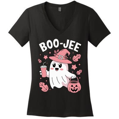 Cute Boo Jee Ghost Halloween Leopard Ghost Coffee Girl Women's V-Neck T-Shirt