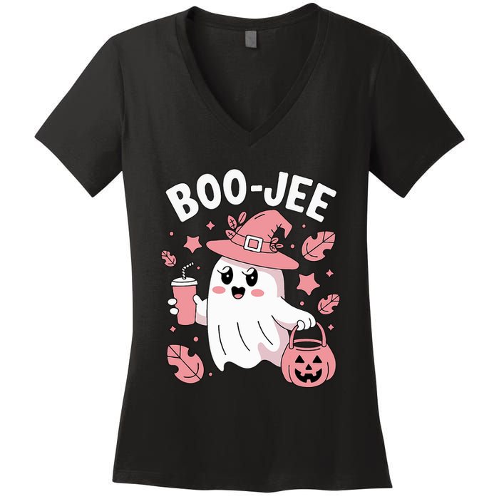 Cute Boo Jee Ghost Halloween Leopard Ghost Coffee Girl Women's V-Neck T-Shirt