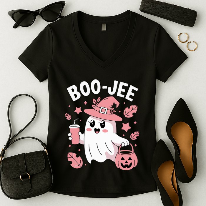 Cute Boo Jee Ghost Halloween Leopard Ghost Coffee Girl Women's V-Neck T-Shirt