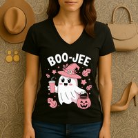 Cute Boo Jee Ghost Halloween Leopard Ghost Coffee Girl Women's V-Neck T-Shirt