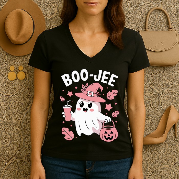 Cute Boo Jee Ghost Halloween Leopard Ghost Coffee Girl Women's V-Neck T-Shirt