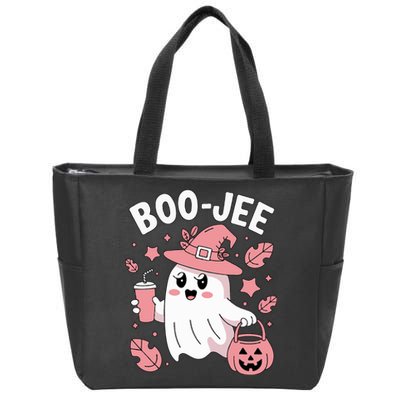 Cute Boo Jee Ghost Halloween Leopard Ghost Coffee Girl Zip Tote Bag