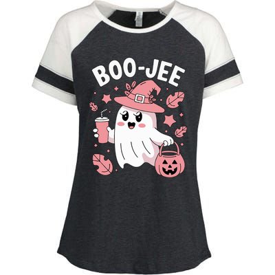 Cute Boo Jee Ghost Halloween Leopard Ghost Coffee Girl Enza Ladies Jersey Colorblock Tee