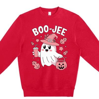 Cute Boo Jee Ghost Halloween Leopard Ghost Coffee Girl Premium Crewneck Sweatshirt