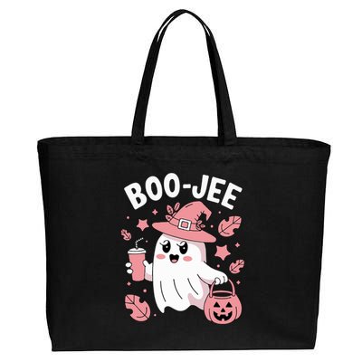 Cute Boo Jee Ghost Halloween Leopard Ghost Coffee Girl Cotton Canvas Jumbo Tote