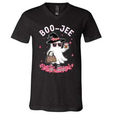 Cute Boo Jee Ghost Halloween Leopard Ghost Coffee V-Neck T-Shirt