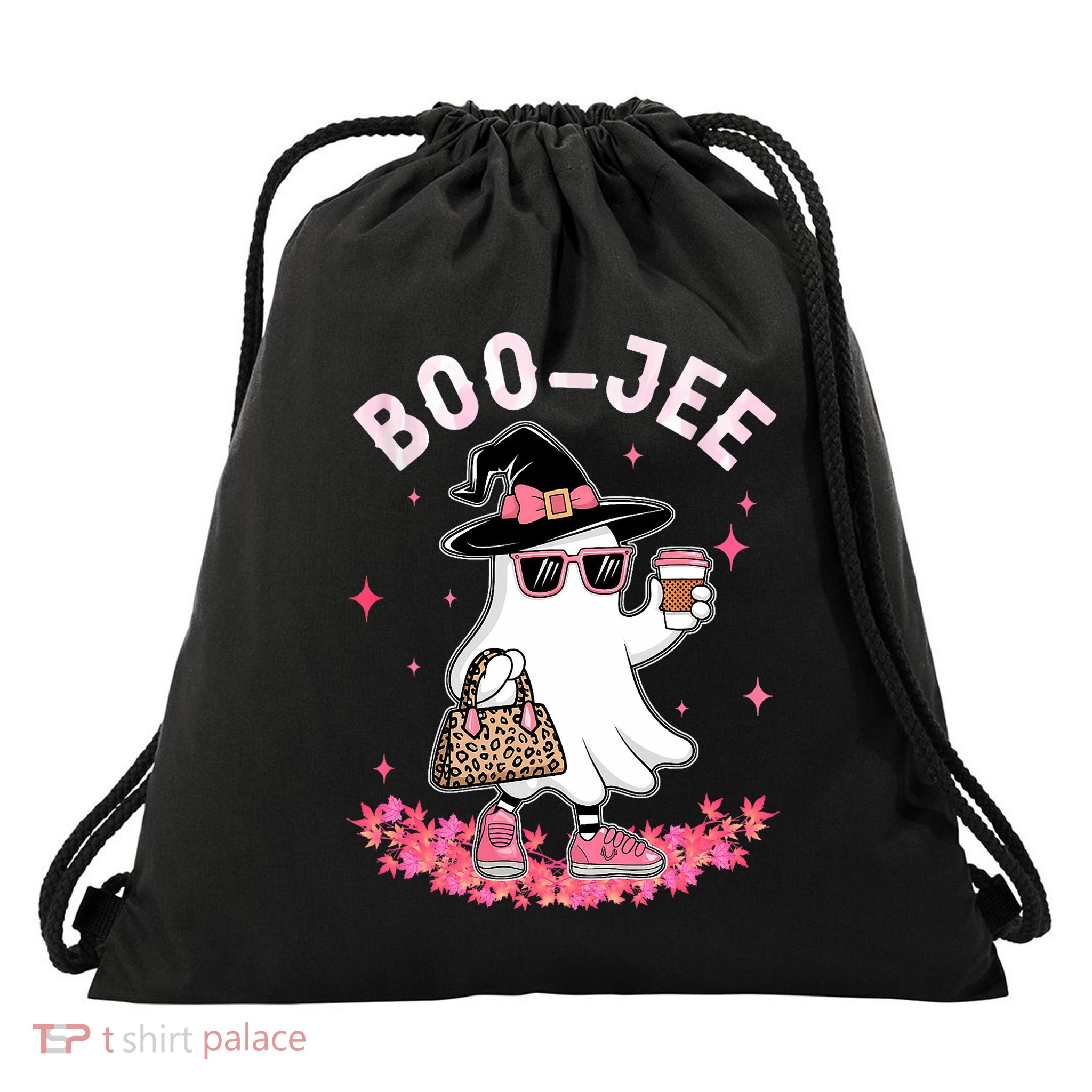 Cute Boo Jee Ghost Halloween Leopard Ghost Coffee Drawstring Bag