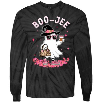 Cute Boo Jee Ghost Halloween Leopard Ghost Coffee Tie-Dye Long Sleeve Shirt