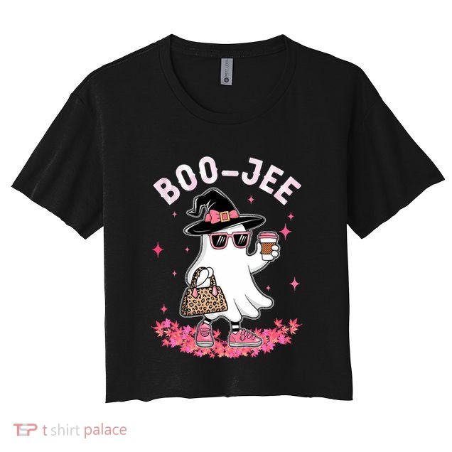 Cute Boo Jee Ghost Halloween Leopard Ghost Coffee Crop Top