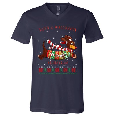 Cute Be Joyful Santa Dachshund Lovers Weiner Dog V-Neck T-Shirt