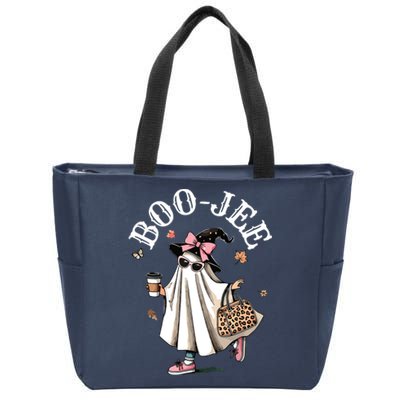 Cute Boo Jee Ghost Halloween Leopard Ghost Coffee Women Zip Tote Bag