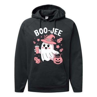 Cute Boo Jee Ghost Halloween Leopard Ghost Coffee Girl Performance Fleece Hoodie