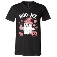 Cute Boo Jee Ghost Halloween Leopard Ghost Coffee Girl V-Neck T-Shirt