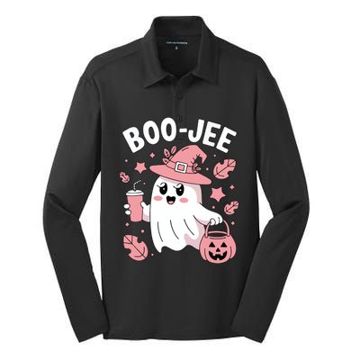 Cute Boo Jee Ghost Halloween Leopard Ghost Coffee Girl Silk Touch Performance Long Sleeve Polo