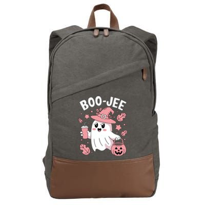 Cute Boo Jee Ghost Halloween Leopard Ghost Coffee Girl Cotton Canvas Backpack