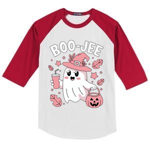 Cute Boo Jee Ghost Halloween Leopard Ghost Coffee Girl Kids Colorblock Raglan Jersey