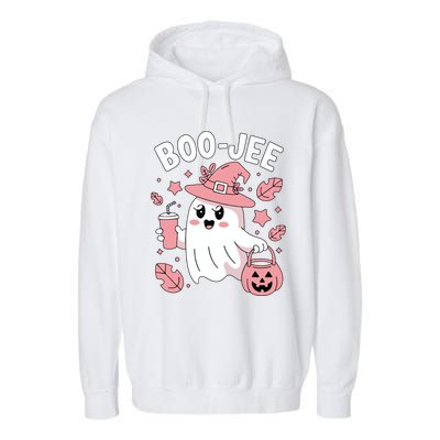 Cute Boo Jee Ghost Halloween Leopard Ghost Coffee Girl Garment-Dyed Fleece Hoodie