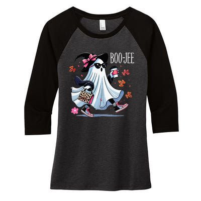 Cute Boo Jee Ghost Halloween Leopard Ghost Coffee Women's Tri-Blend 3/4-Sleeve Raglan Shirt