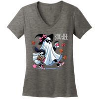 Cute Boo Jee Ghost Halloween Leopard Ghost Coffee Women's V-Neck T-Shirt