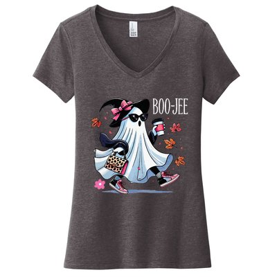 Cute Boo Jee Ghost Halloween Leopard Ghost Coffee Women's V-Neck T-Shirt