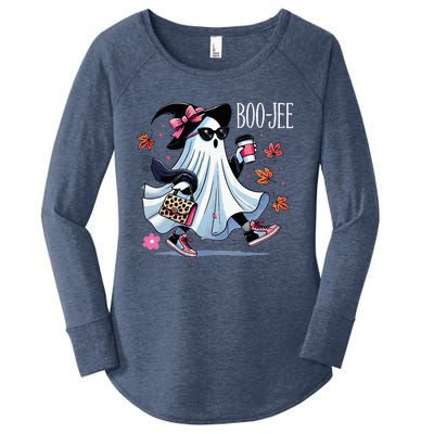 Cute Boo Jee Ghost Halloween Leopard Ghost Coffee Women's Perfect Tri Tunic Long Sleeve Shirt