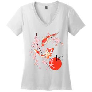 Cherry Blossom Japanese Koi Carp Fish Sakura Women's V-Neck T-Shirt