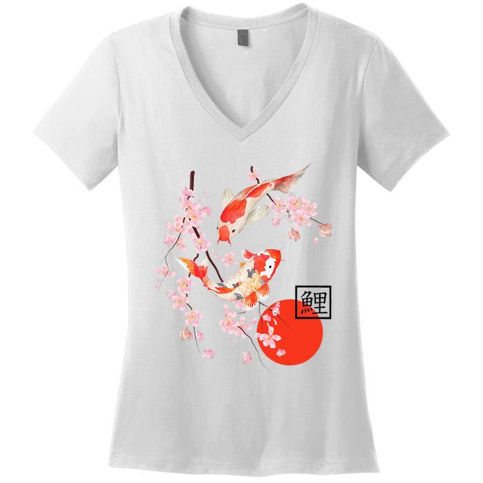 Cherry Blossom Japanese Koi Carp Fish Sakura Women's V-Neck T-Shirt