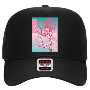 Cherry Blossom Japanese Sakura Vaporwave Aesthetic High Crown Mesh Back Trucker Hat