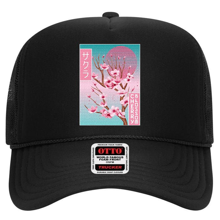 Cherry Blossom Japanese Sakura Vaporwave Aesthetic High Crown Mesh Back Trucker Hat