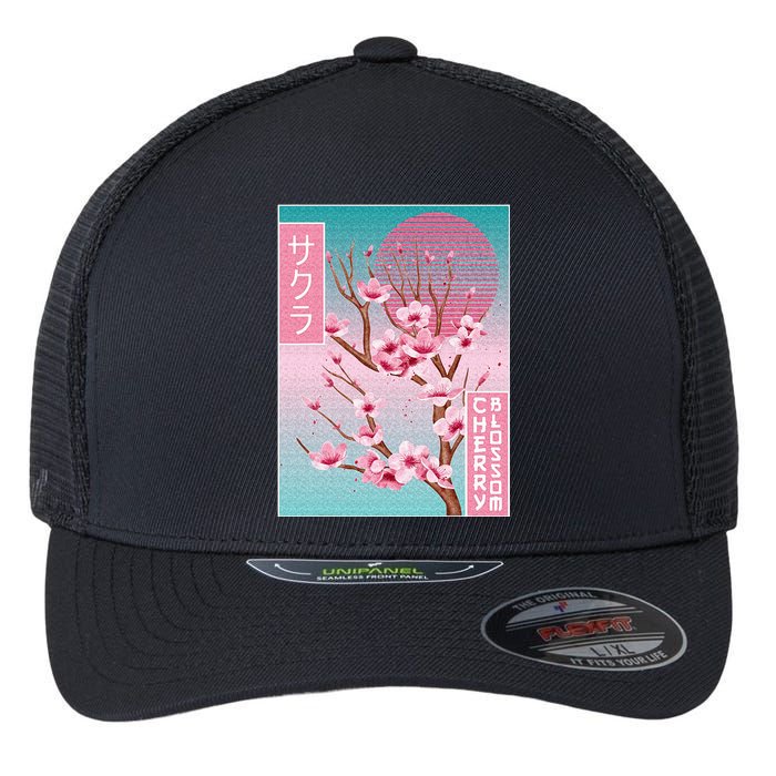 Cherry Blossom Japanese Sakura Vaporwave Aesthetic Flexfit Unipanel Trucker Cap