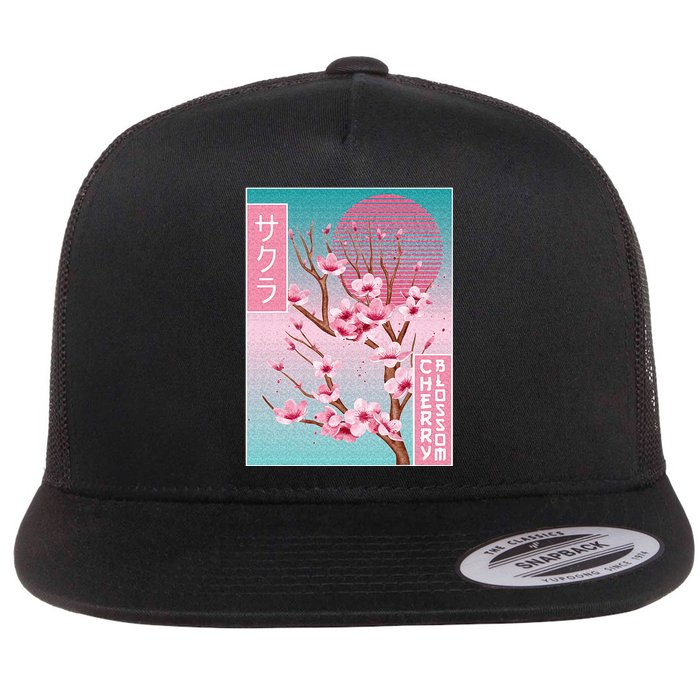 Cherry Blossom Japanese Sakura Vaporwave Aesthetic Flat Bill Trucker Hat