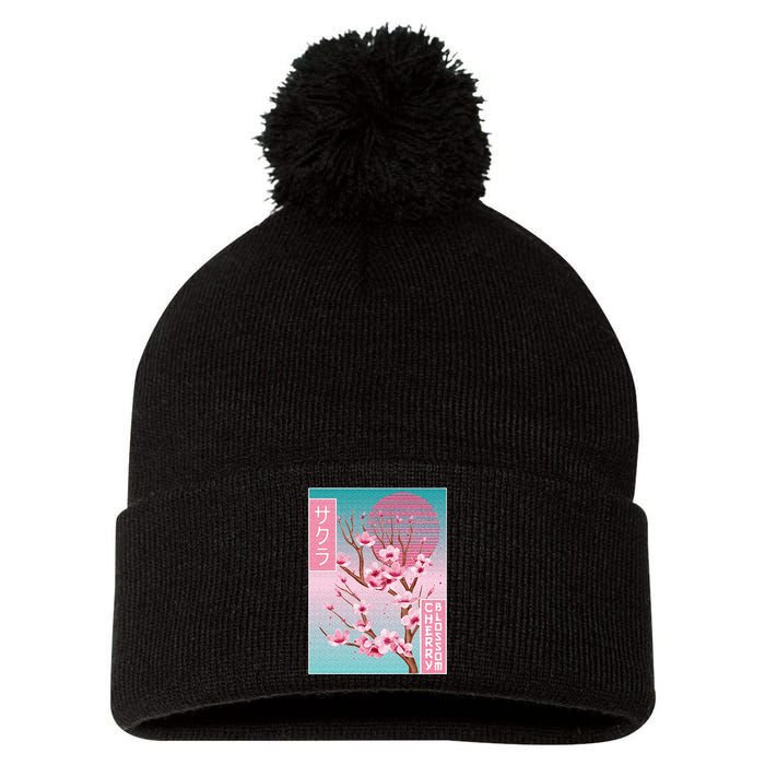 Cherry Blossom Japanese Sakura Vaporwave Aesthetic Pom Pom 12in Knit Beanie