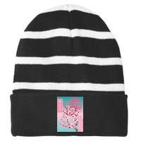 Cherry Blossom Japanese Sakura Vaporwave Aesthetic Striped Beanie with Solid Band