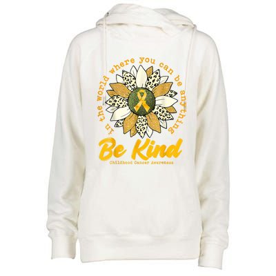 Childhood Be Kind Sunflower Gold Cancer Awareness Ribbon Womens Funnel Neck Pullover Hood