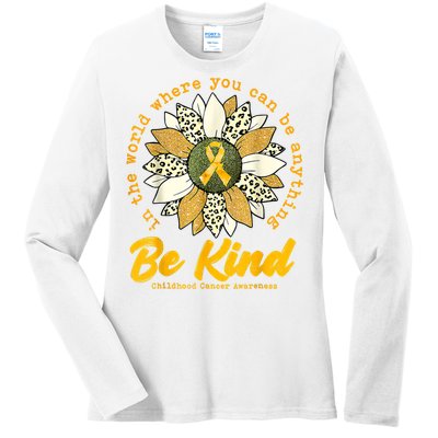 Childhood Be Kind Sunflower Gold Cancer Awareness Ribbon Ladies Long Sleeve Shirt